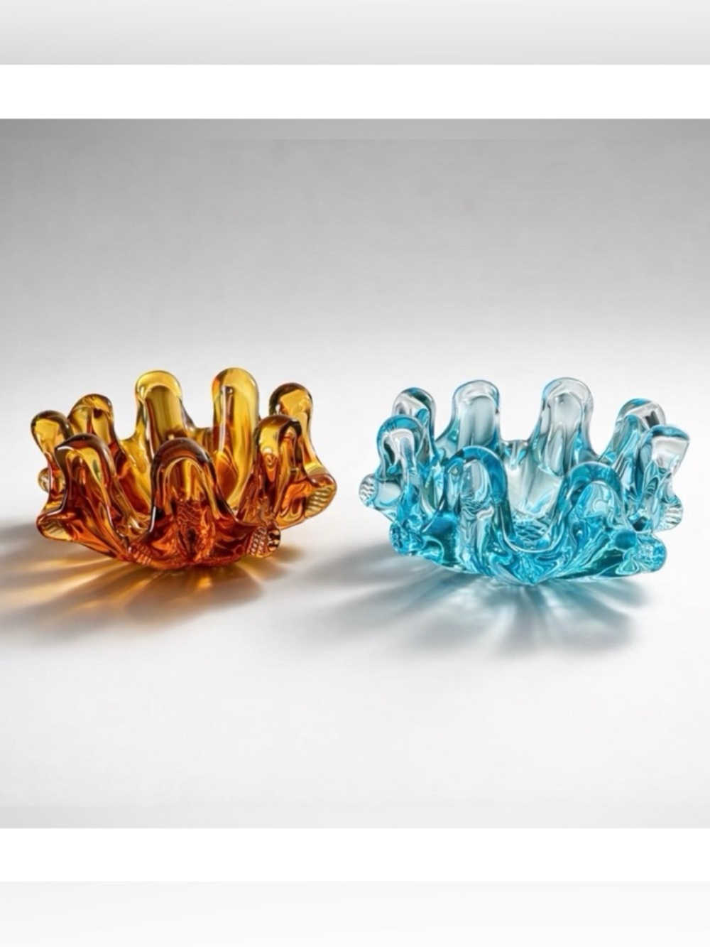 Vintage Amber & Aqua Murano Style Swung Glads Art Bowls- set of 2